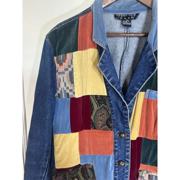 Vintage 90s NY Line Velvet Patchwork Denim Jacket Womens Size Medium Blue Boho - Picture 2 of 8